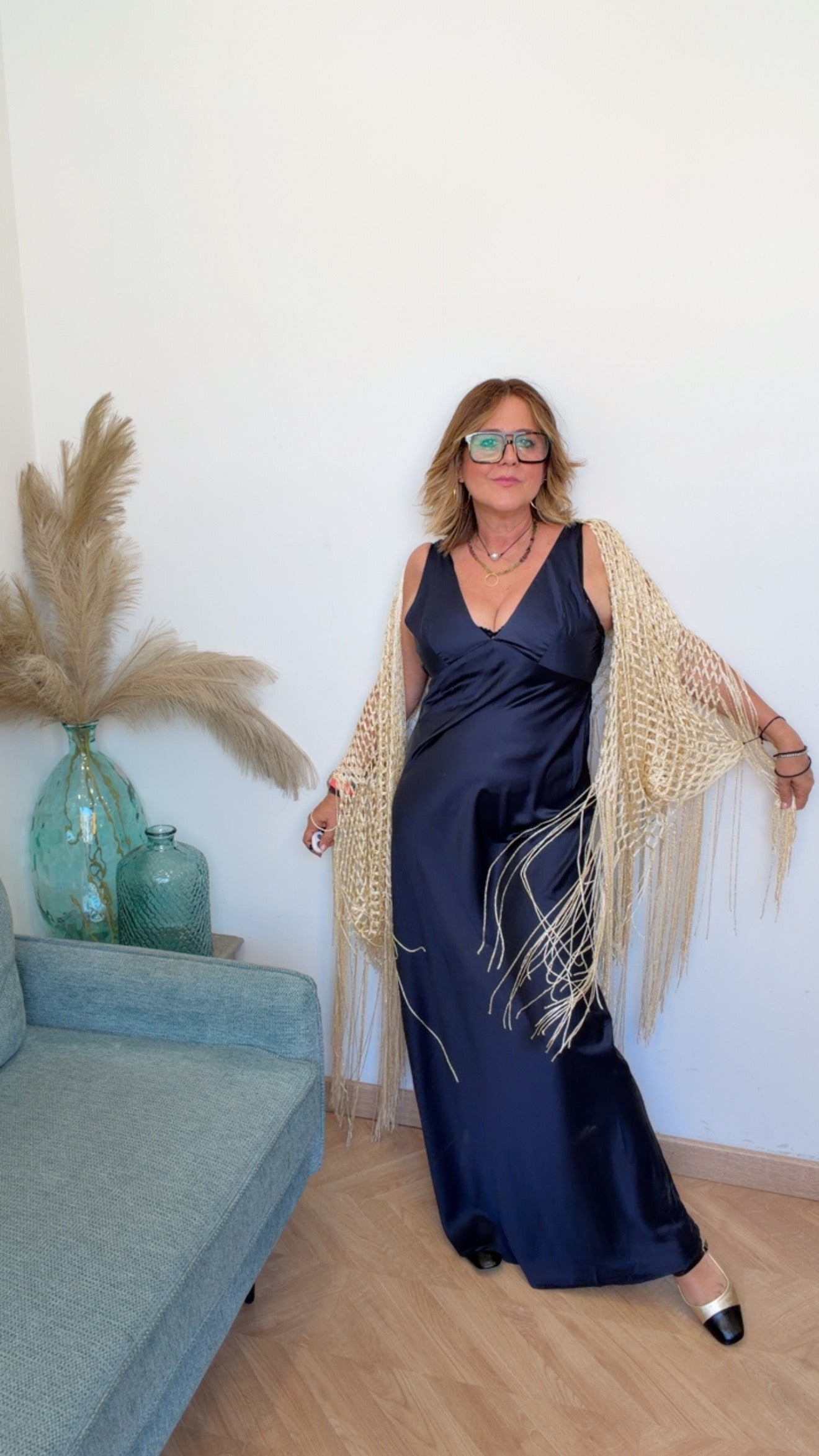 Vestido Satinado Largo Marino