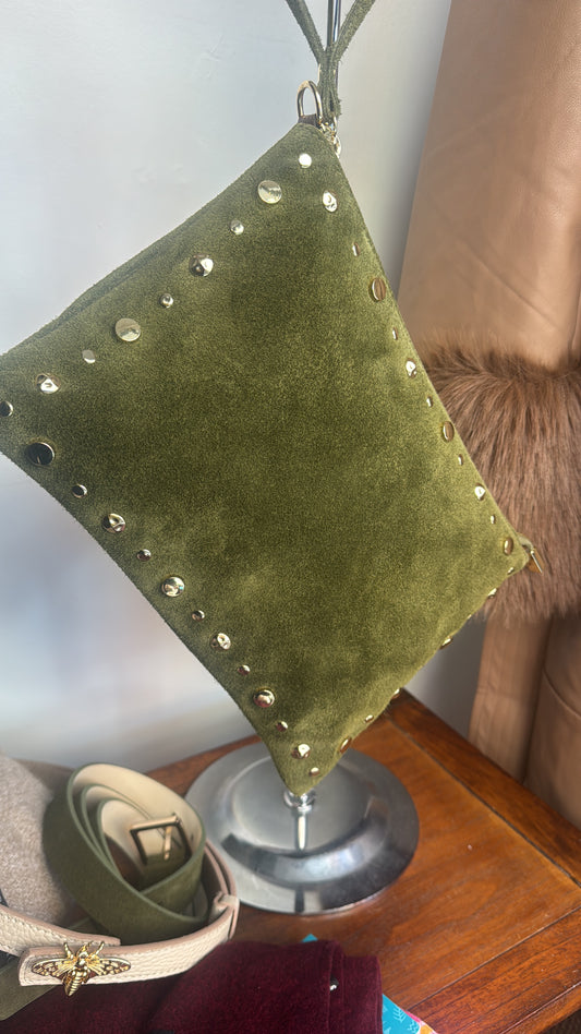 Bolso Piel Ante Teresa Tachuelas Chocolate - Mano Bandolera Boho 28x21cm