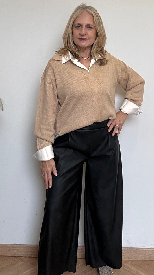 Xara Black Faux Leather Trousers - Elegant Pleats, One Size