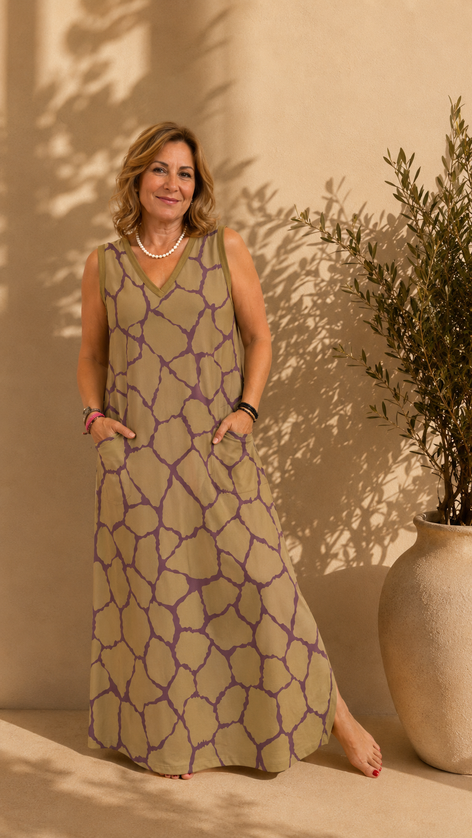 Vestido Largo Estampado Geométrico Camel