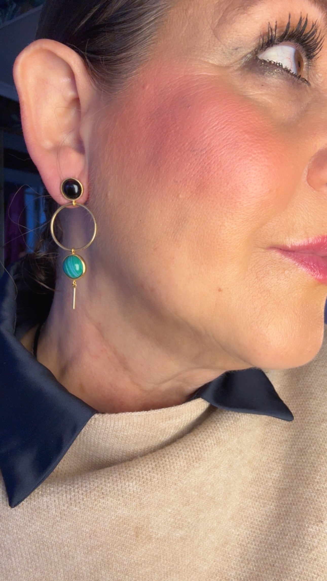 Geometric Silver Earrings with Onyx and Malachite - Yellow Gold Plated
