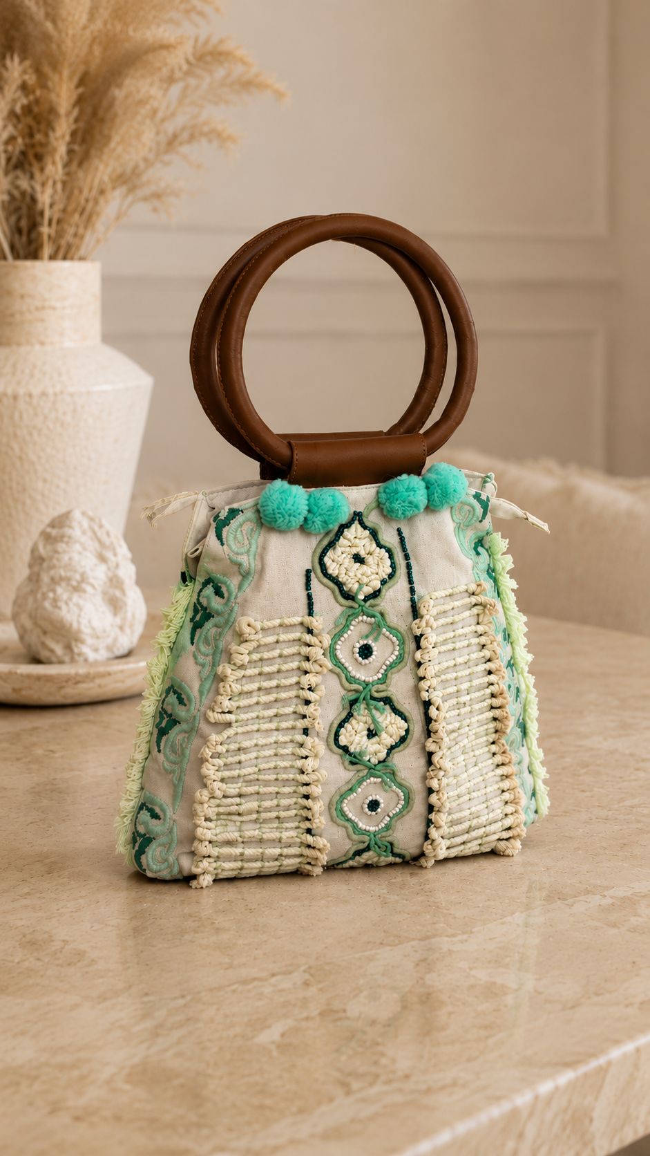 Bolso Artesanal Bordado Turquesa