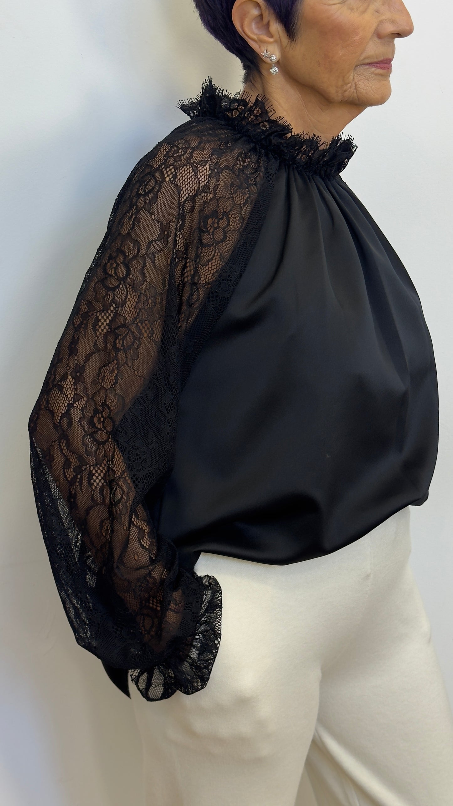 Valeria Satin Shirt with Lace Sleeves and Gathered Collar - BDP One Size