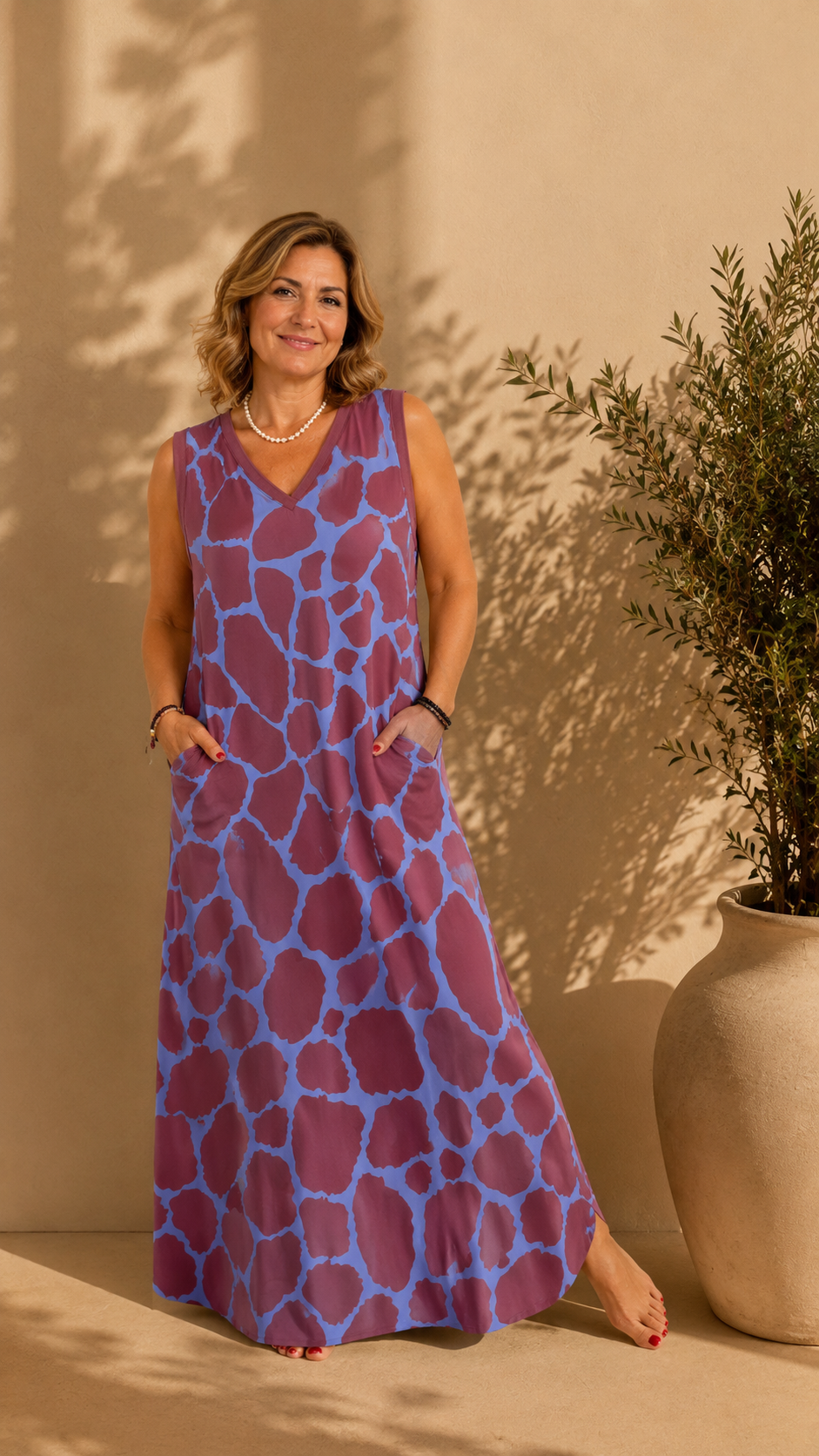 Vestido Largo Geométrico Burdeos Y Azul