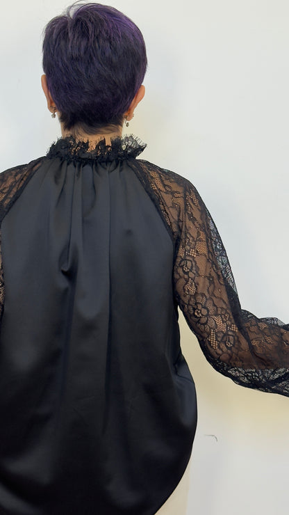 Valeria Satin Shirt with Lace Sleeves and Gathered Collar - BDP One Size