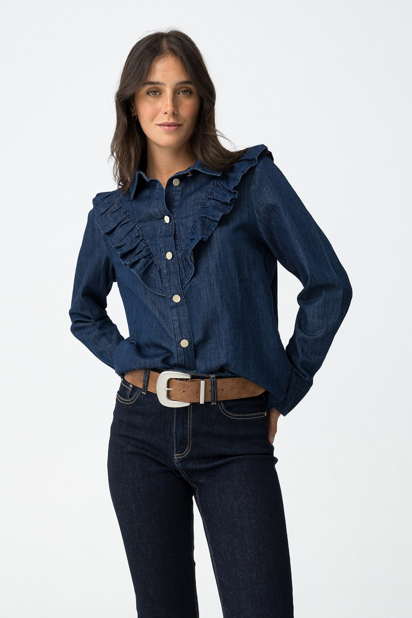 Denim Shirt with Ruffles