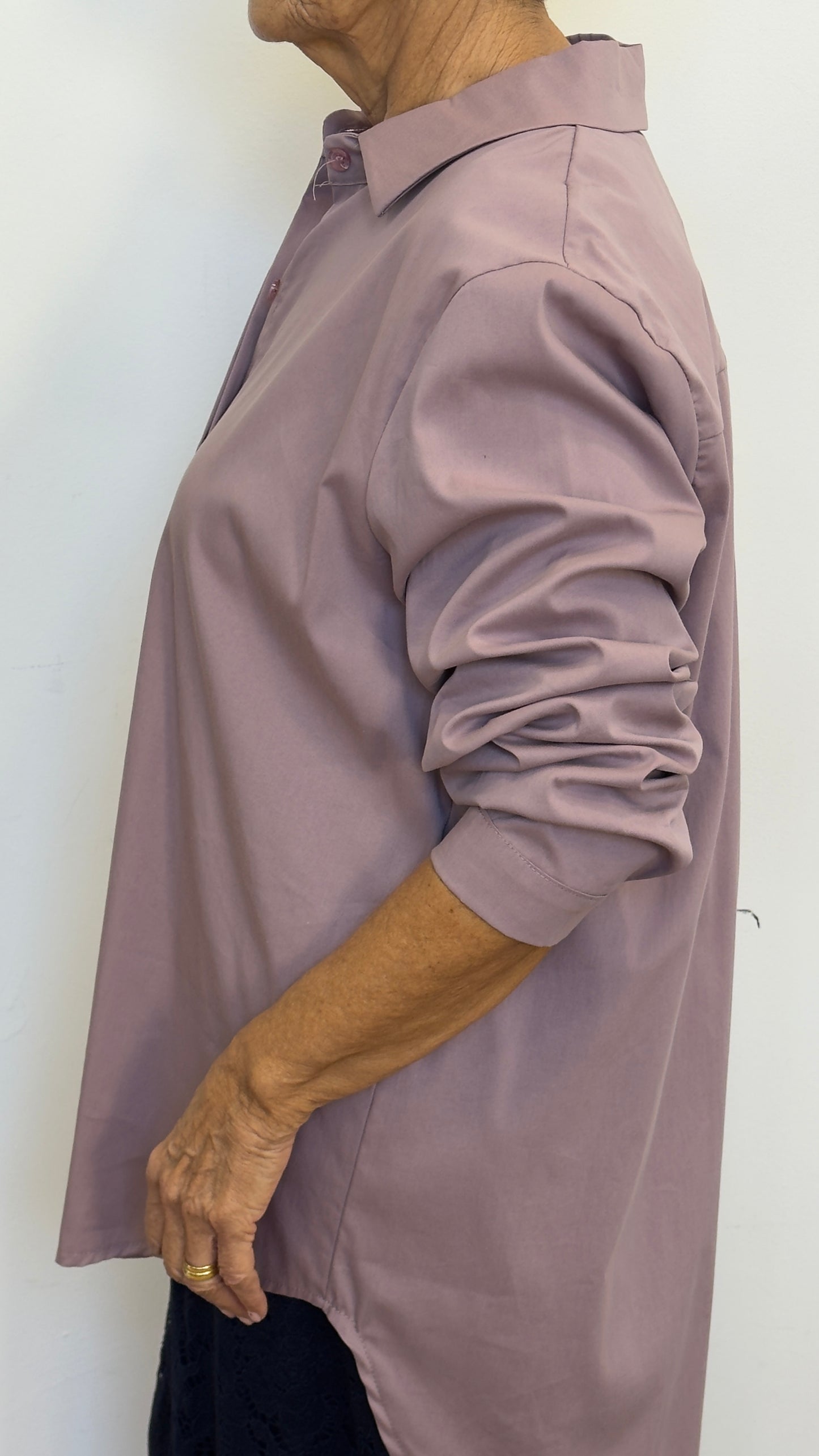 Plasencia Mauve Elastic Shirt with Hidden Buttons, Long Front, BDP, One Size