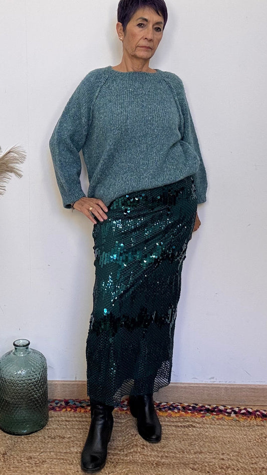Glitter Green Skirt with Sparkling Sequins and Elastic Waistband TIFFOSI Sizes ML