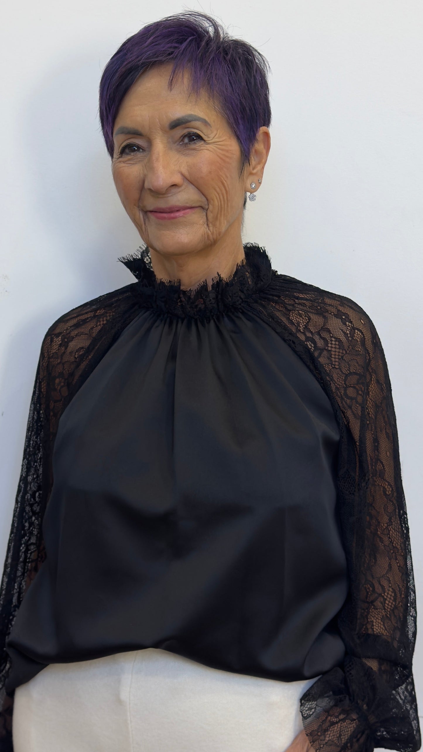 Valeria Satin Shirt with Lace Sleeves and Gathered Collar - BDP One Size