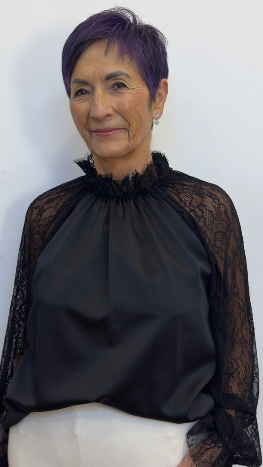 Valeria Satin Shirt with Lace Sleeves and Gathered Collar - BDP One Size