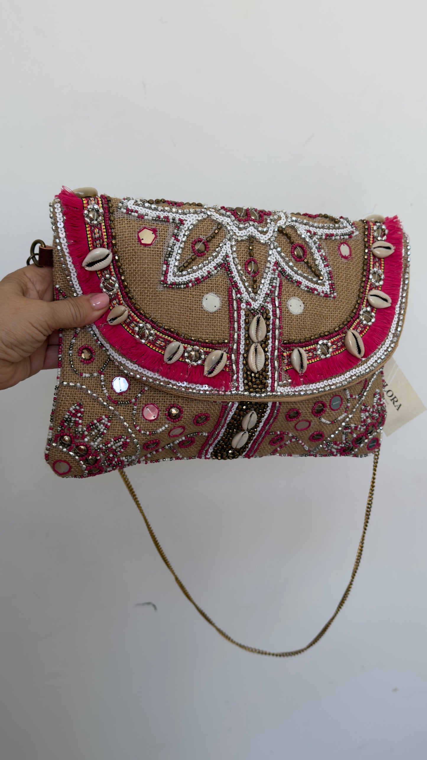 Bolso De Mano Artesanal Bordado Rosa