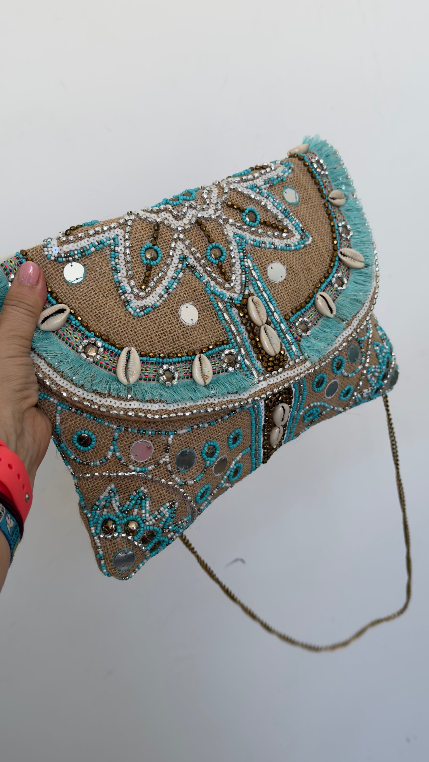 Bolso De Mano Artesanal Bodado Turquesa