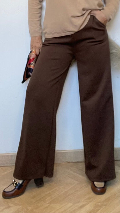 Comfy Chocolate Wide Leg Trousers - Elastic Waistband with Pockets - One Size