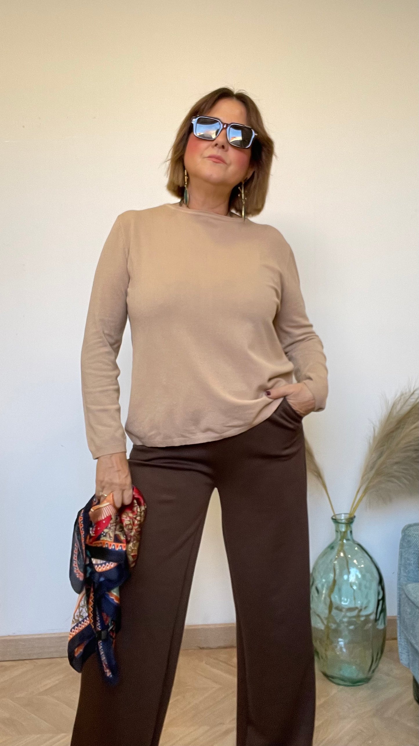 Comfy Chocolate Wide Leg Trousers - Elastic Waistband with Pockets - One Size