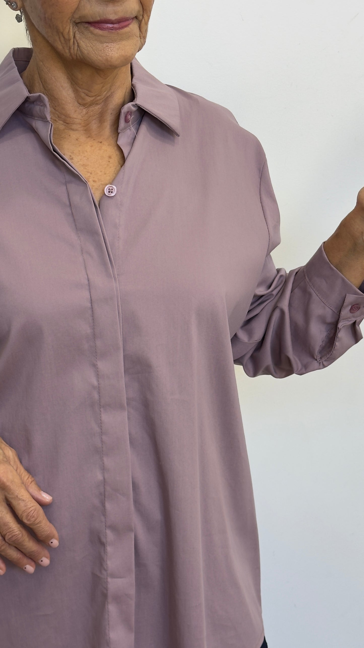 Plasencia Mauve Elastic Shirt with Hidden Buttons, Long Front, BDP, One Size