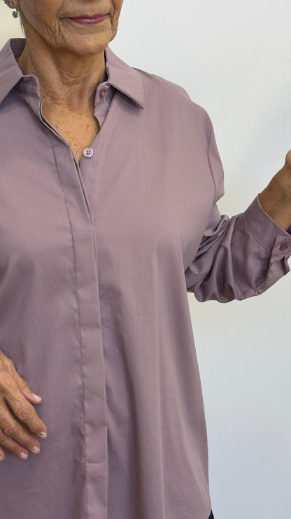 Plasencia Mauve Elastic Shirt with Hidden Buttons, Long Front, BDP, One Size