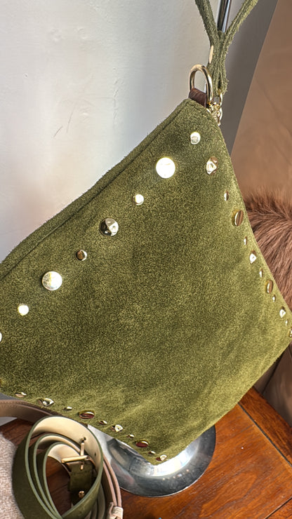 Bolso Piel Ante Teresa Tachuelas Chocolate - Mano Bandolera Boho 28x21cm