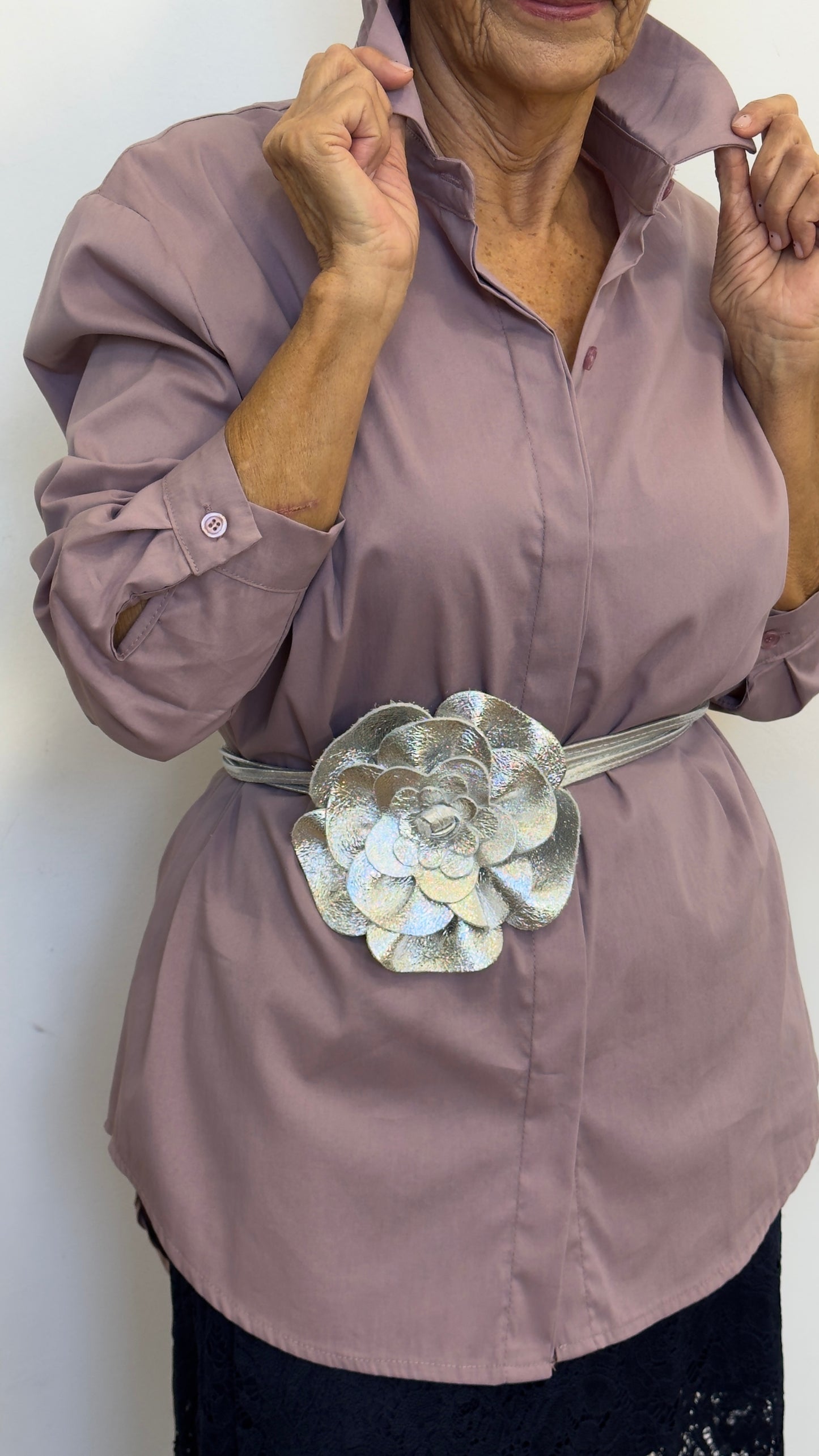 Plasencia Mauve Elastic Shirt with Hidden Buttons, Long Front, BDP, One Size